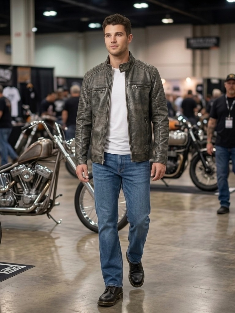 Distillery Asher Moto Racer Faux Leather Jacket Distressed Grey/Black XL